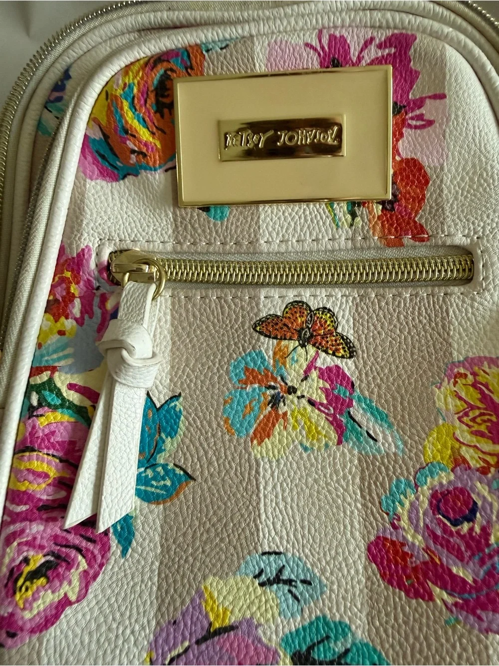 Betsey Johnson White Floral Mini Backpack with Pink & Teal Accents